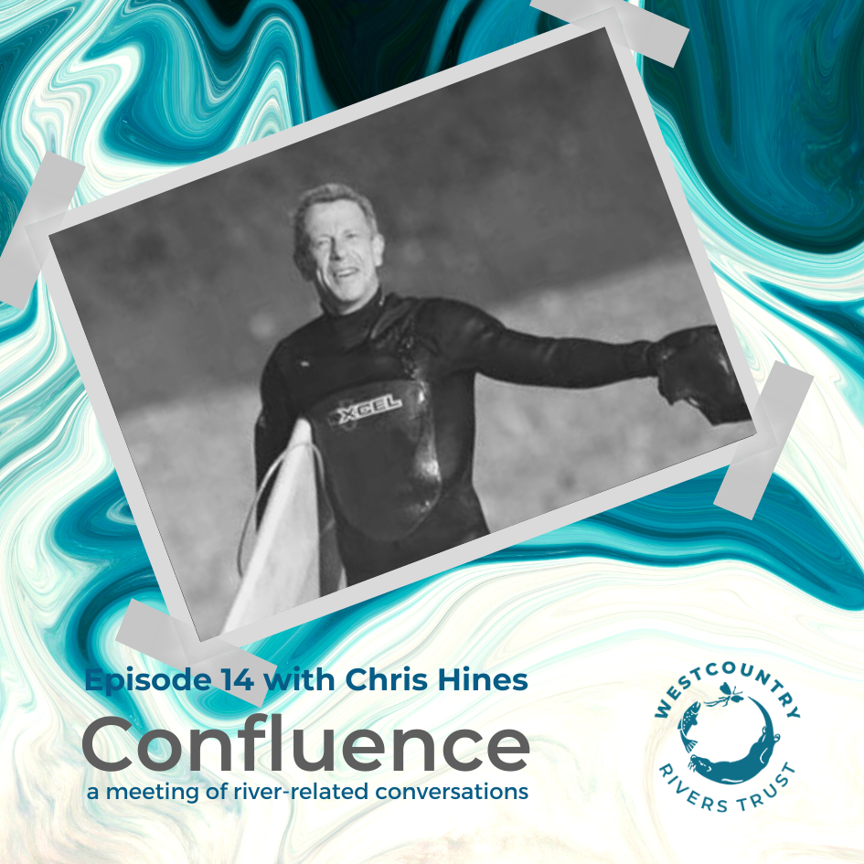 Swirly blue graphic background with photo of surfer and Confluence podcast guest, Chris Hines